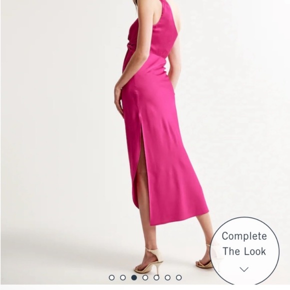 Abercrombie & Fitch One-Shoulder Satin Knotted Midi Dress Pink Fuscia - Picture 2 of 3